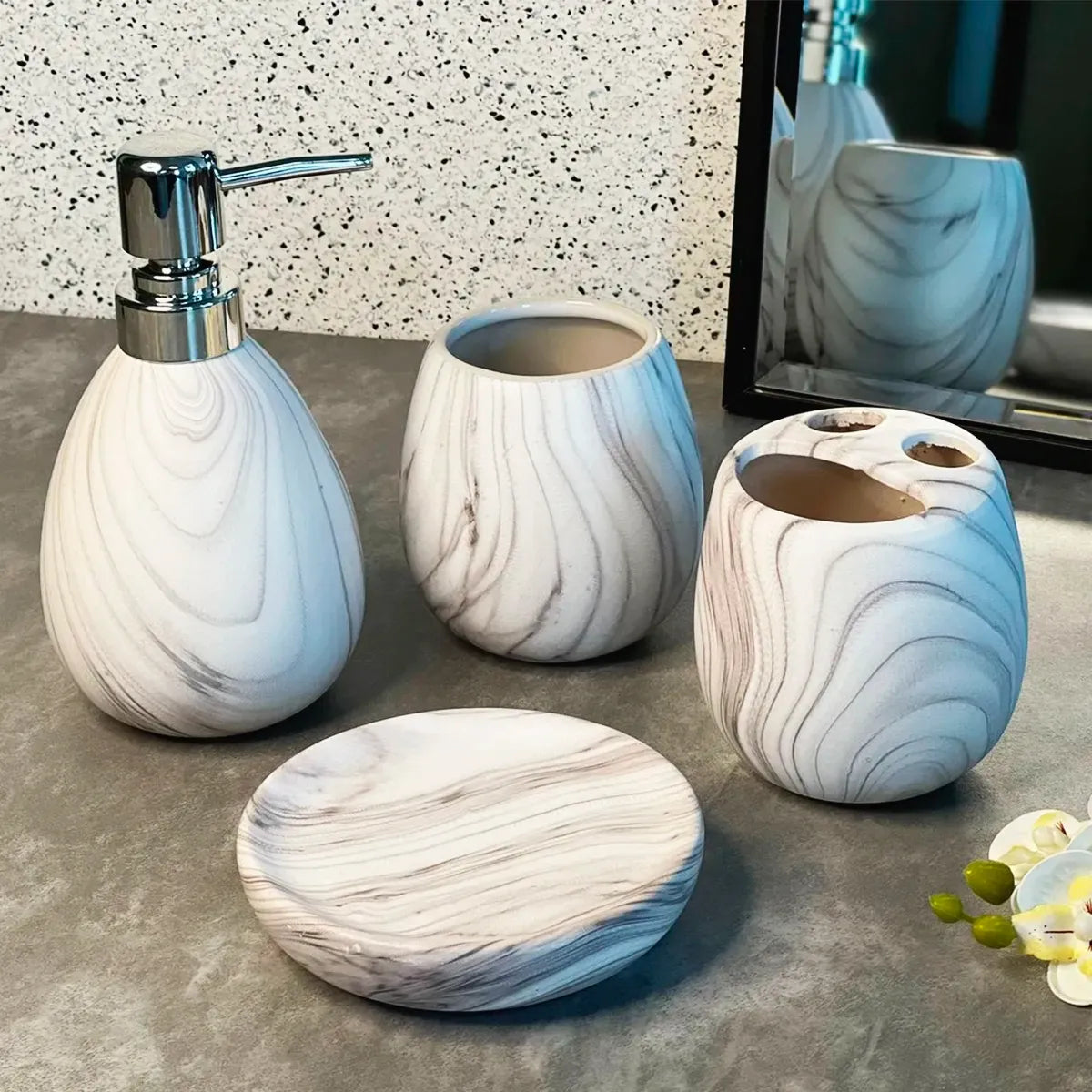 Juego para baño en cerámica de 4 piezas Mármol blanco y gris
